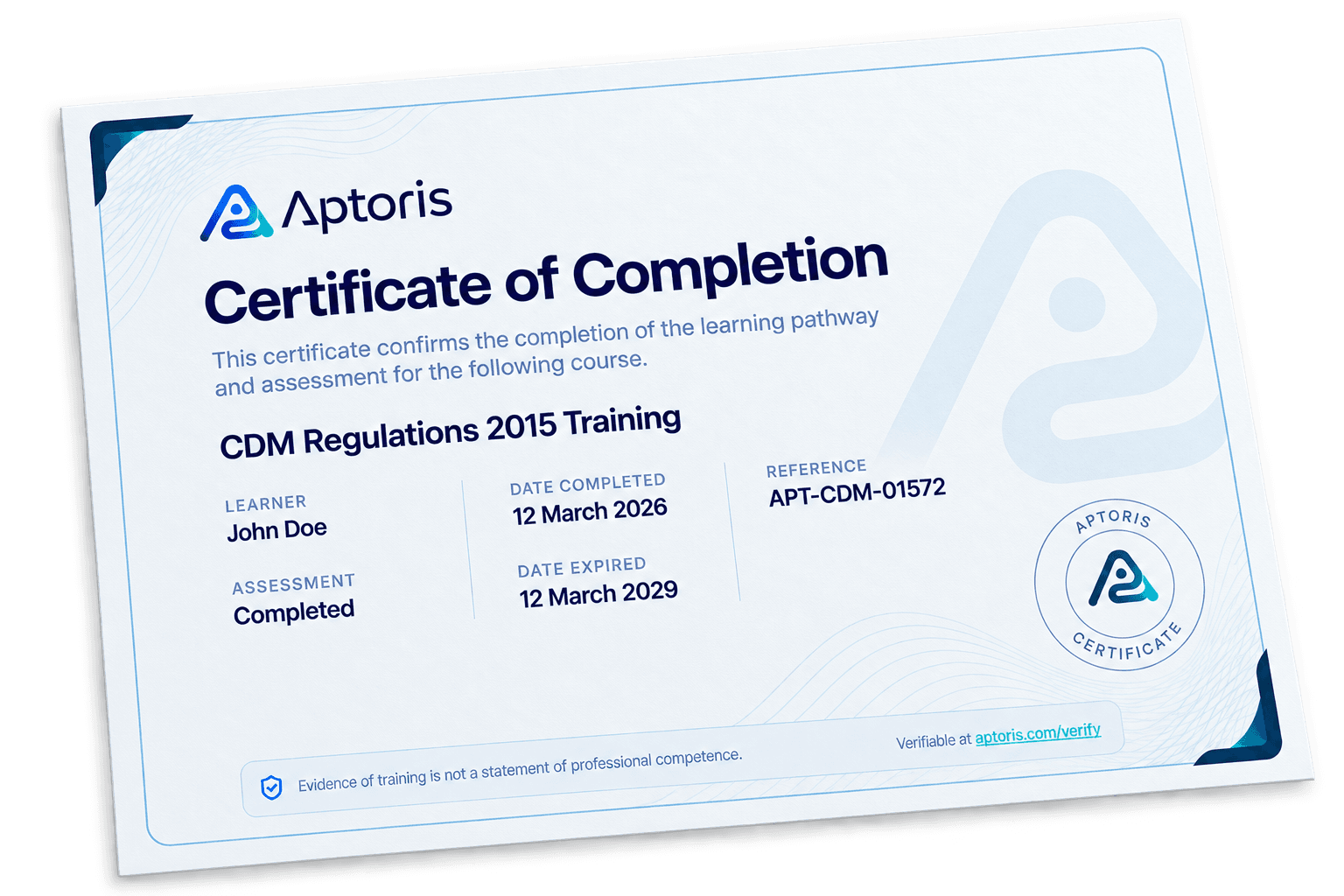 Sample Aptoris certificate of completion for CDM Regulations 2015 Training, showing learner, assessment status, completion date, reference and the statement that evidence of training is not a statement of professional competence