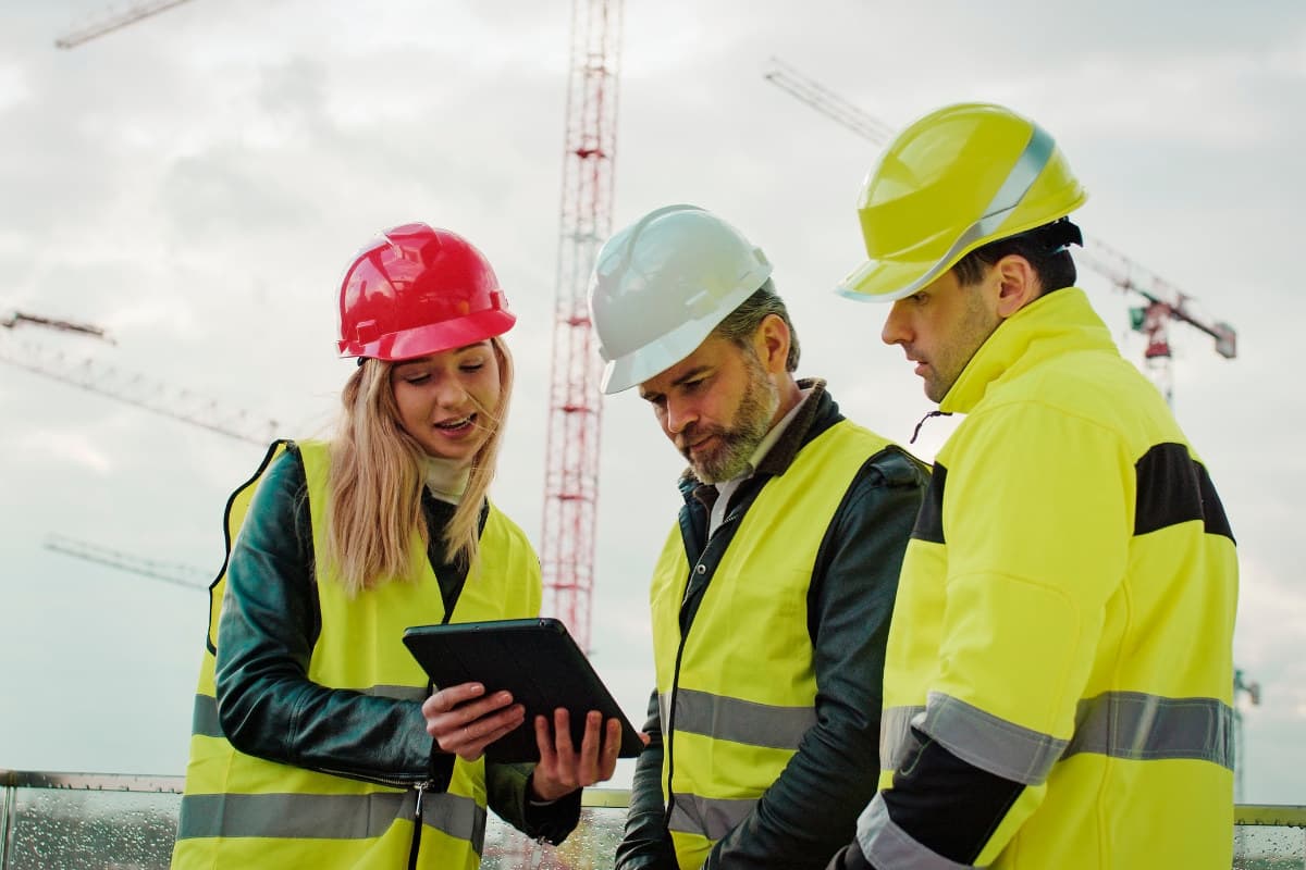 Construction professionals reviewing project information on a tablet during a CDM audit
