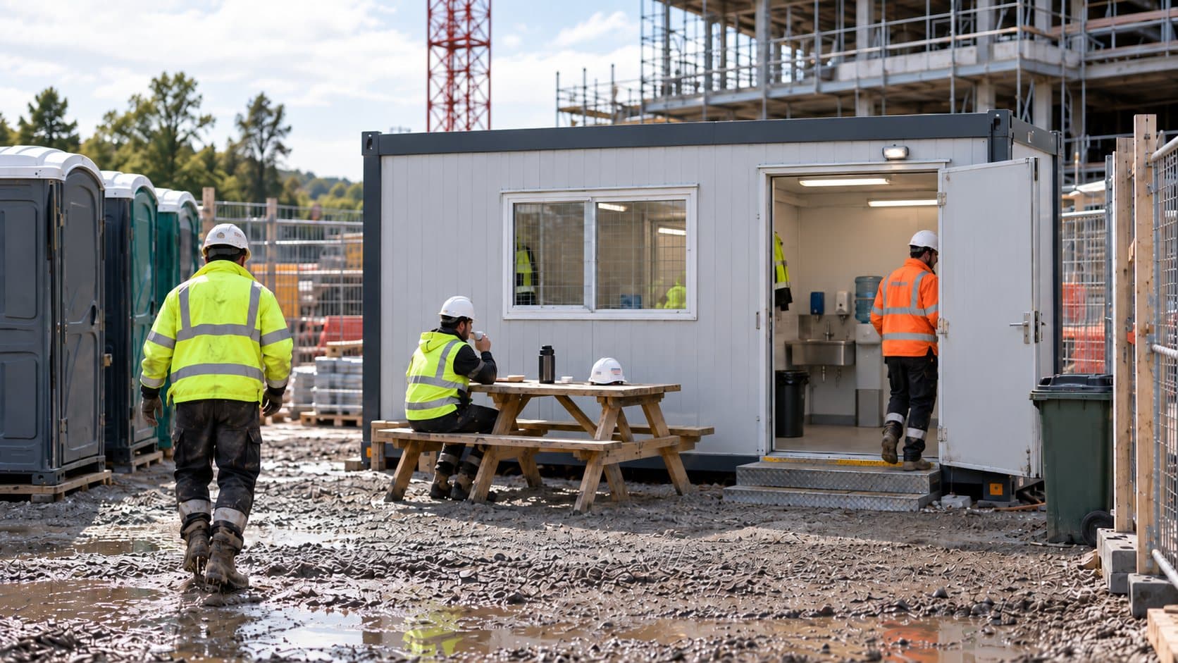 Construction site welfare cabin with workers, toilets and rest facilities under CDM 2015
