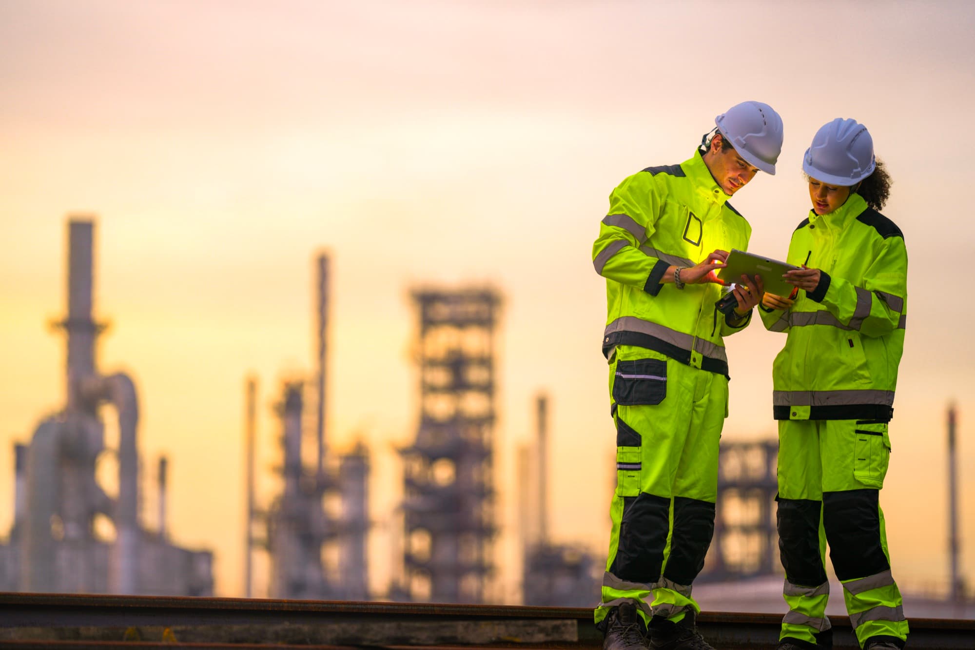 Two construction professionals reviewing information at an industrial site