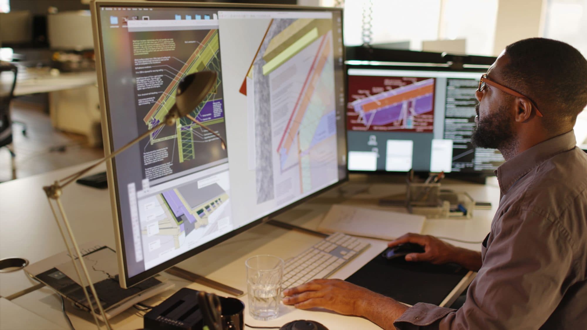 Designer reviewing digital construction drawings and technical design information