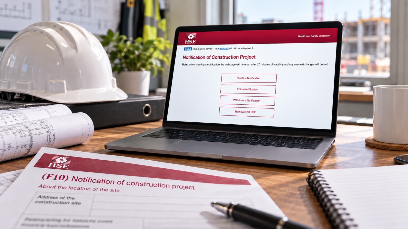 F10 notification of construction project displayed on a laptop beside construction drawings and project paperwork