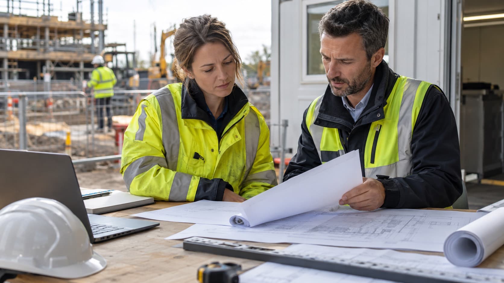 Construction professionals reviewing project plans during Principal Contractor appointment and mobilisation planning