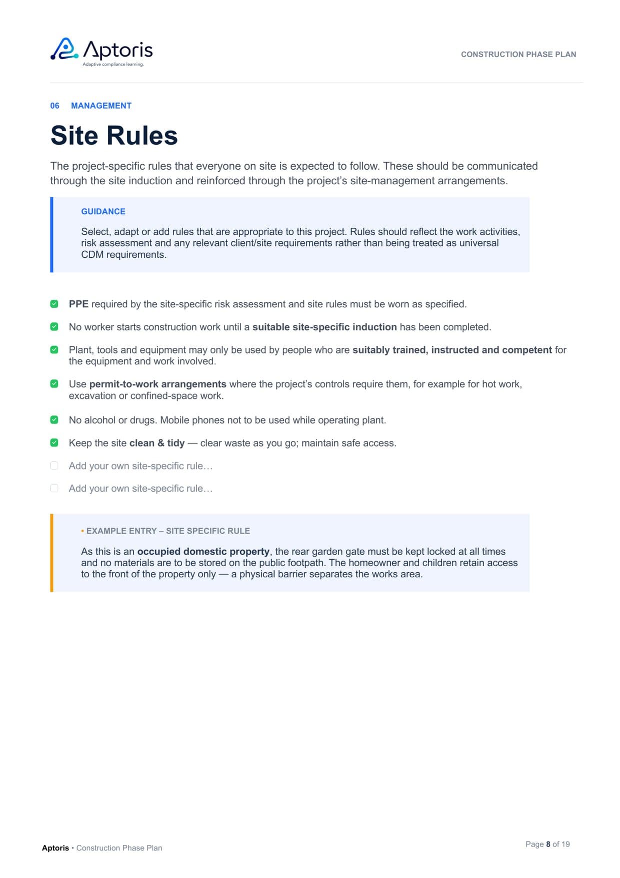 Site Rules page from the template, with guidance, a list of example site rules and a worked example for an occupied domestic property