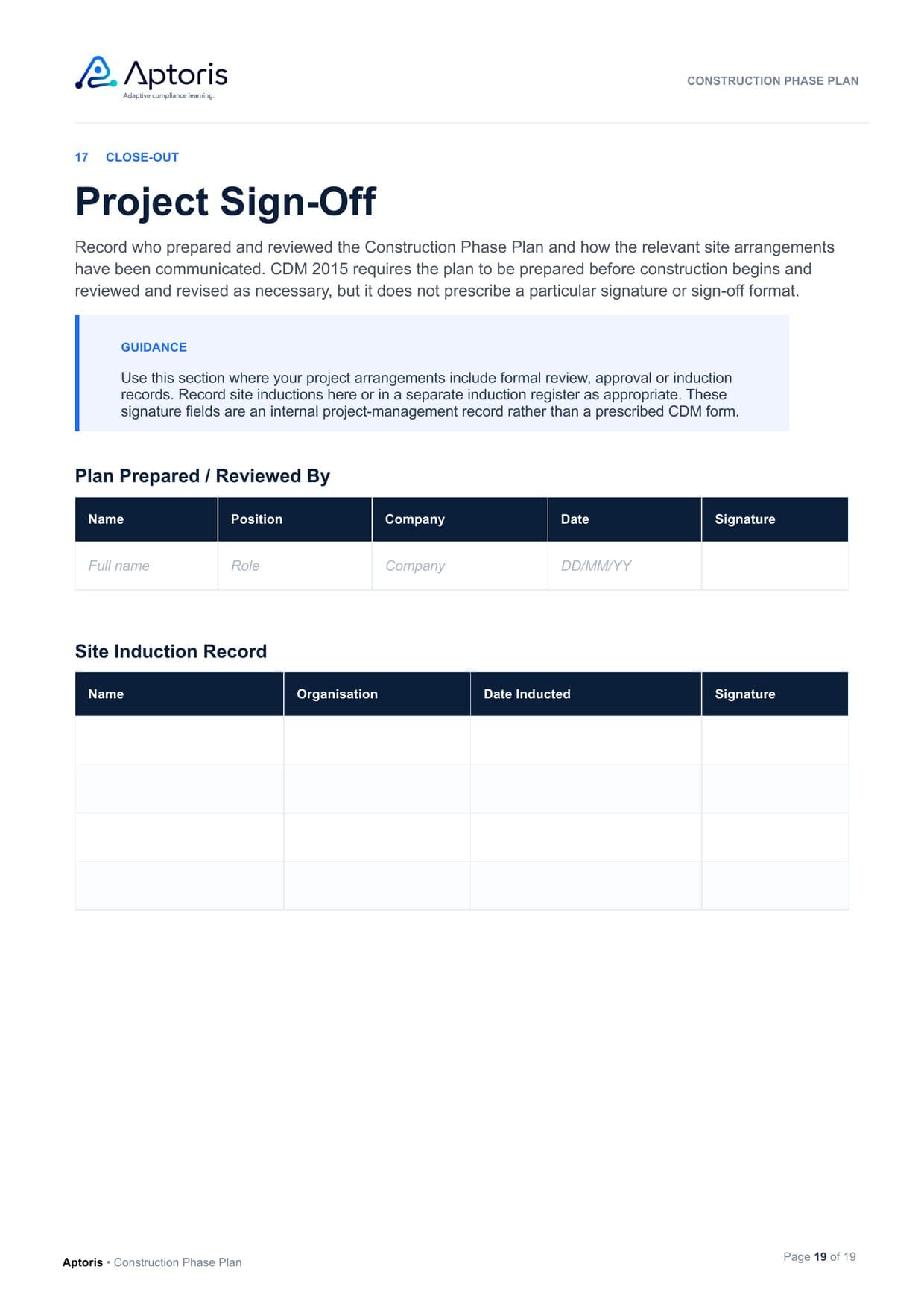 Project Sign-Off page from the template, with a plan review record and a blank site induction record